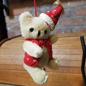 Vintage Teddy Bear with Knit Xmas Outfit  Ornament